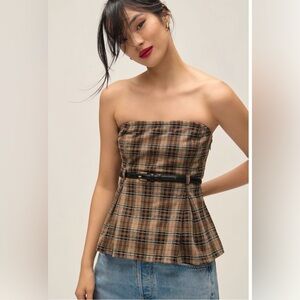 NWT | Maeve Brown Plaid Strapless Blouse